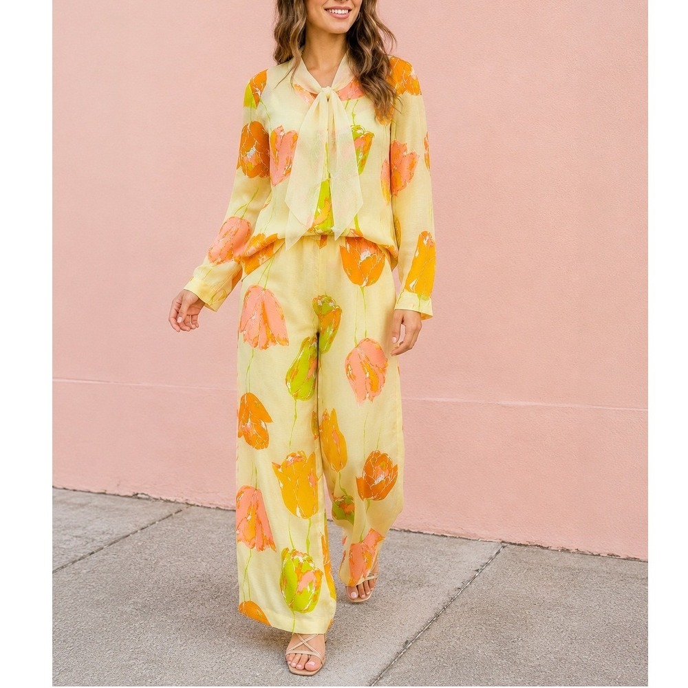 Vintage 60s Alfred Shaheen Yellow Large Floral Blouse Pant Set Mod Palazzo Suit
